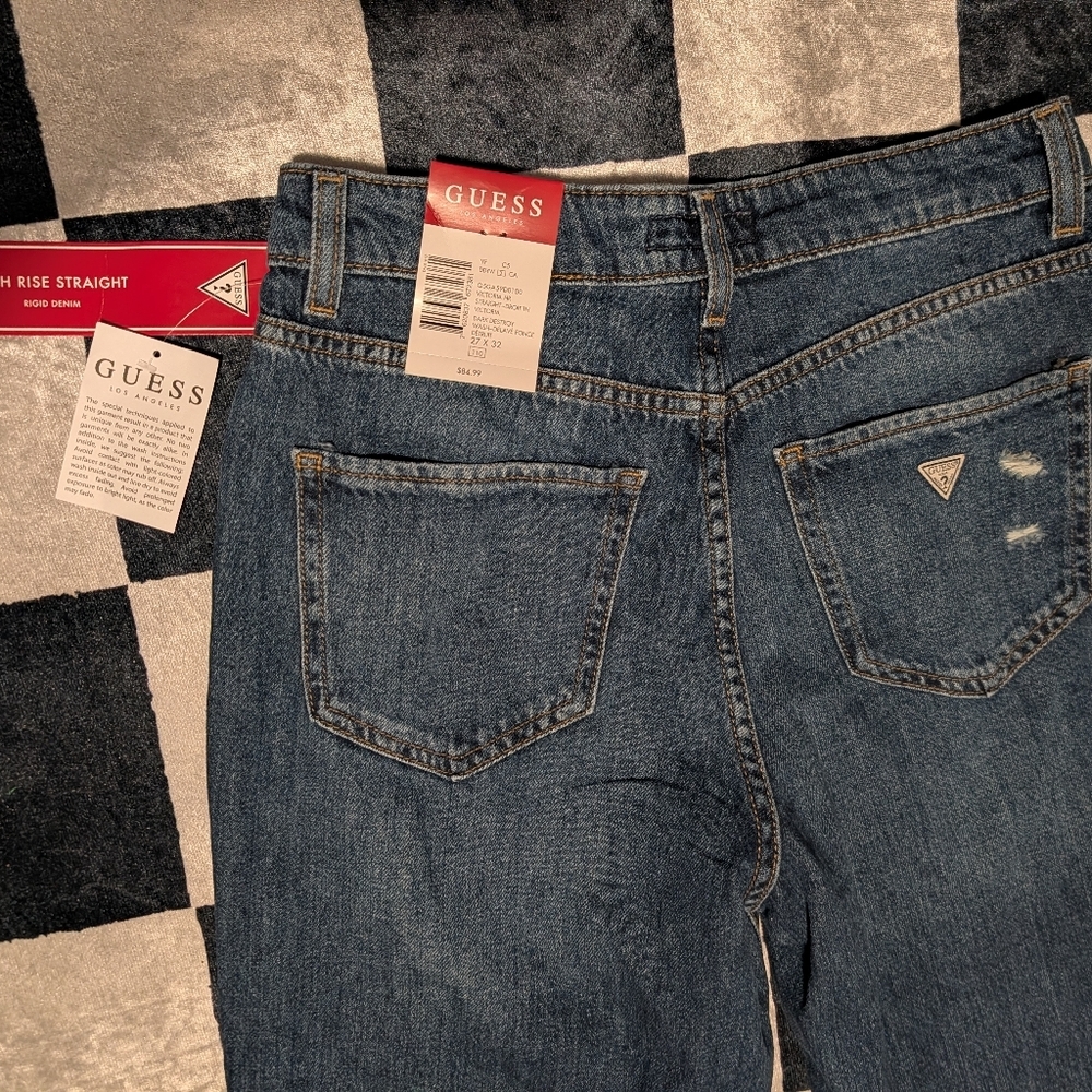 Guess Womens Distressed Straight Leg Dark Blue Jeans- New NWT - Picture 3 of 4